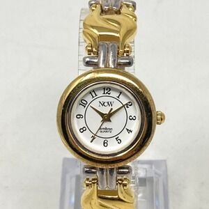 Vtg Armitron Now Watch Women 25mm Silver Gold Tone Curb Link New Battery 6.25"